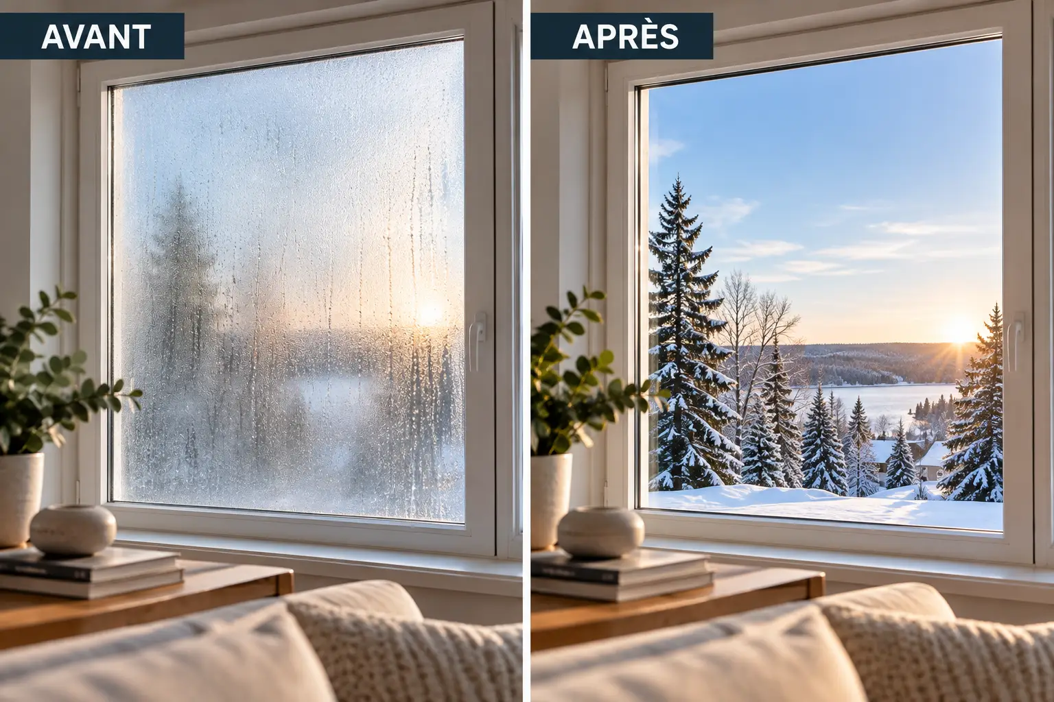 Avant et après : thermos embué et thermos clair — Fenêtres F.E.L. Fenêtre embuée avant et thermos clair après, côte à côte, vue sur un paysage d'hiver